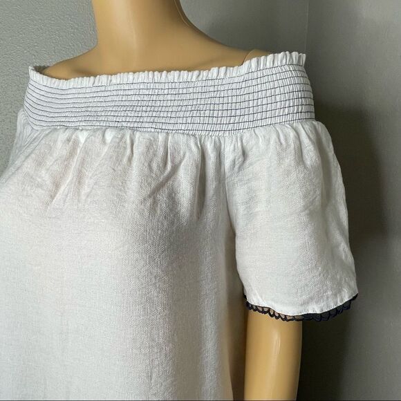 E&M Blue and White Off Shoulder Blouse Embroidered Detail on Bottom Hem Medium - Picture 2 of 10